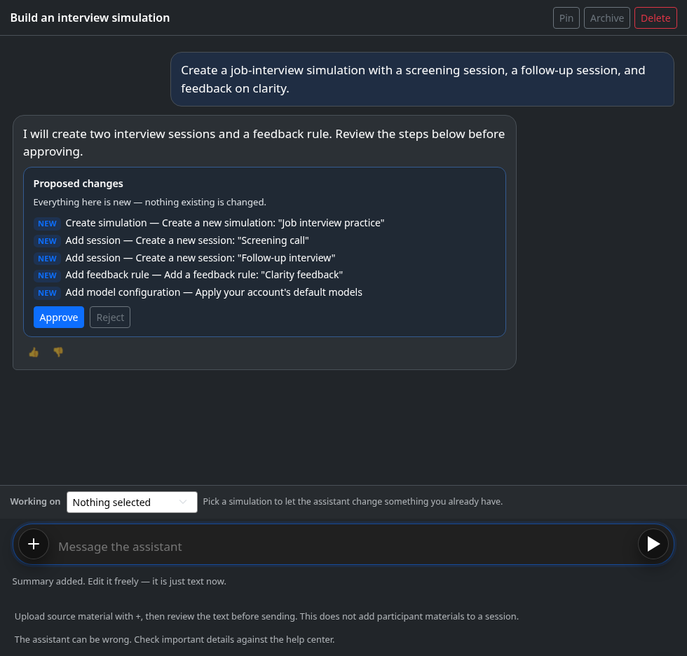 Assistant proposal listing a simulation, sessions, feedback, and default models with Approve and Reject buttons