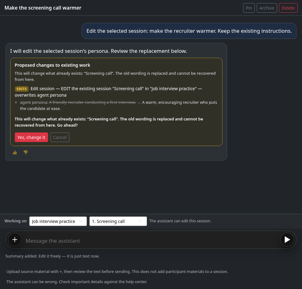 Assistant Working on selector with a simulation and session selected for editing