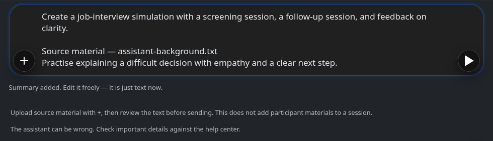 Assistant composer with circular upload and send buttons and extracted source text ready to review