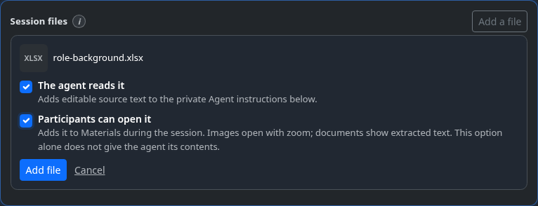 The upload choice card offering agent context and participant materials for one file